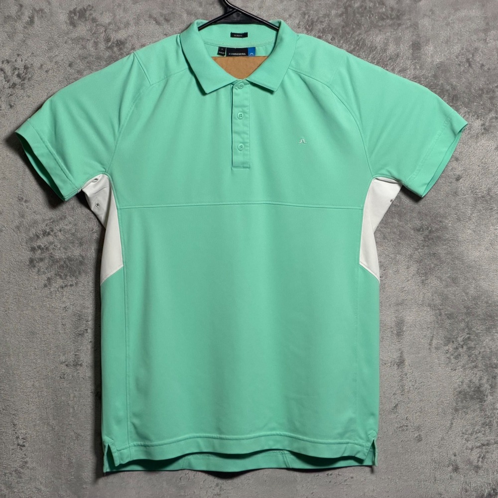 J.Lindeberg Polo Shirt Mens Medium Green White Jesper Slim TX Torque Golf Preppy